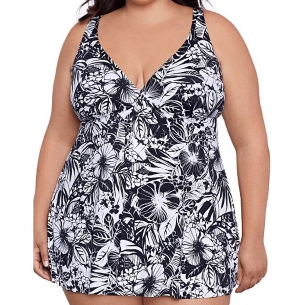 Swim Solutions Floral-Print Flyaway Swim Dress Size 24W Black *IN STORES NOW*